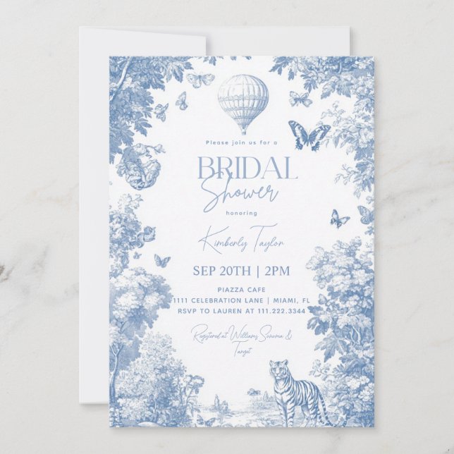 Invitation Toile De Jouy Dusty Bleu Élégante Fête des mariées (Devant)