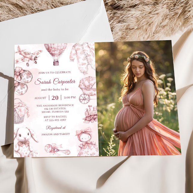 Invitation Toile De Jouy Fête Baby shower Rose (Créateur téléchargé)