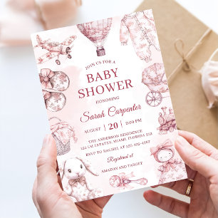 Invitation Toile De Jouy Fête Baby shower Rose