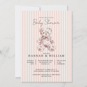 Invitation Toile De Jouy rayures roses Baby Shower