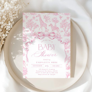 Invitation Toile de Jouy Rose Animaux de safari Baby shower