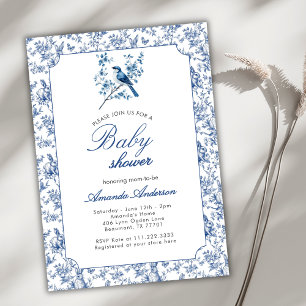 Invitation Toile De Jouy Vintage Bleu Lapin Oiseau Baby Showe