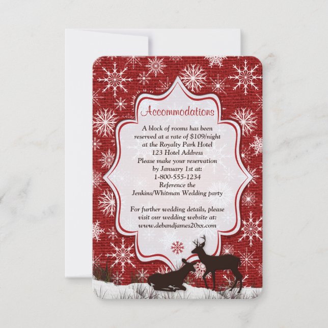 Invitation Toile de jute rouge rustique, flocons de neige, ce (Devant)