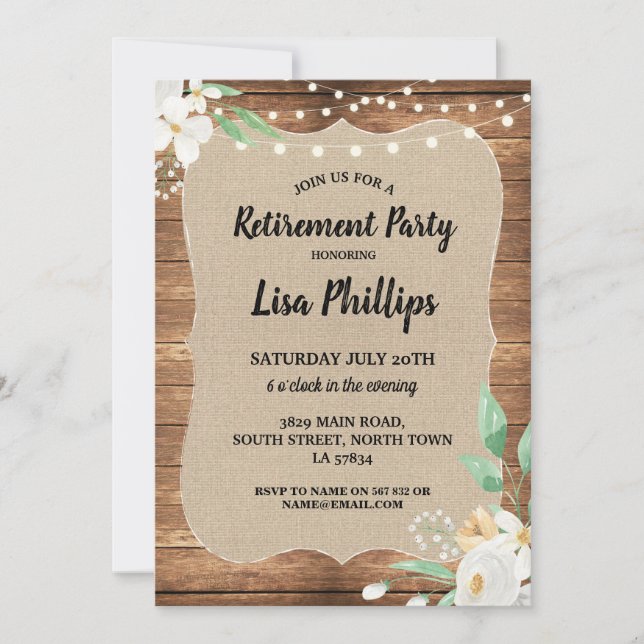 Invitation Toile de jute rustique en bois de fleurs blanches (Devant)