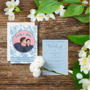 Invitation Toile Floral Bird Light Bleu Photo Mariage