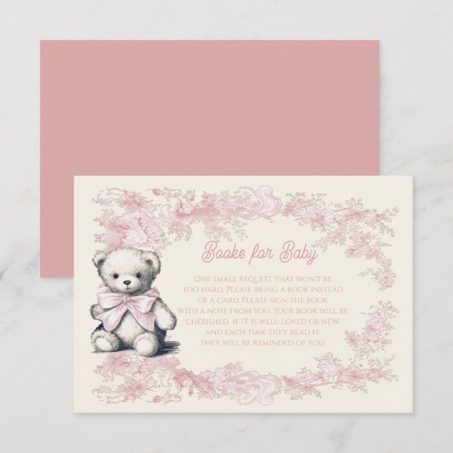 Invitation Toile Floral rose Teddy Livres pour bébé (Devant / Derrière)