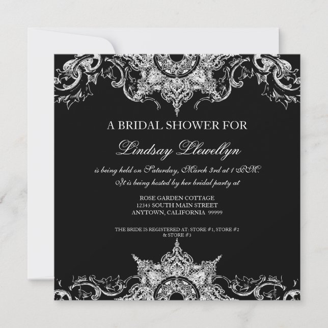 Invitation Toile noir et blanc Damas Fête de l'mariée (Devant)