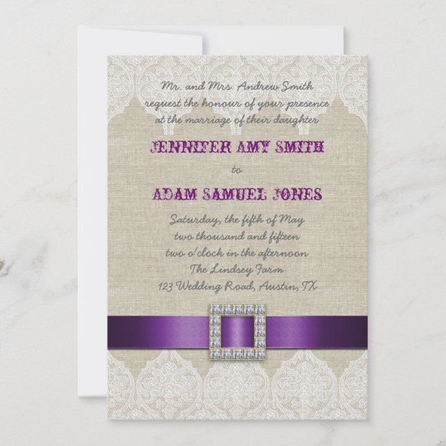 Invitation Toile pourpre rustique de ruban du mariage | de (Devant)