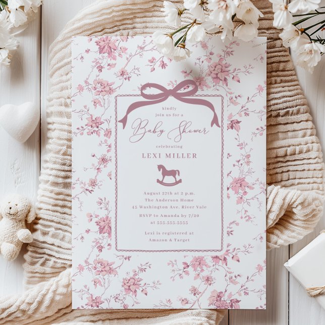 Invitation Toile rose Baby shower Cheval Rocse (Créateur téléchargé)