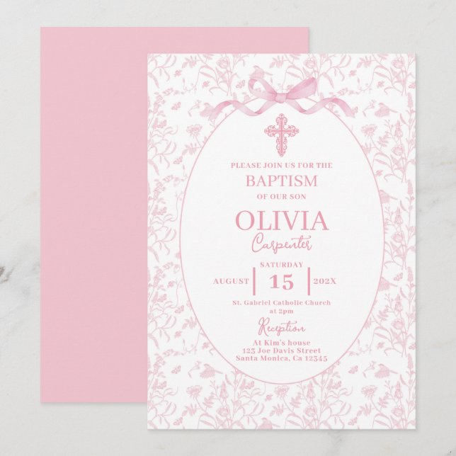 Invitation Toile rose Baptême (Devant / Derrière)