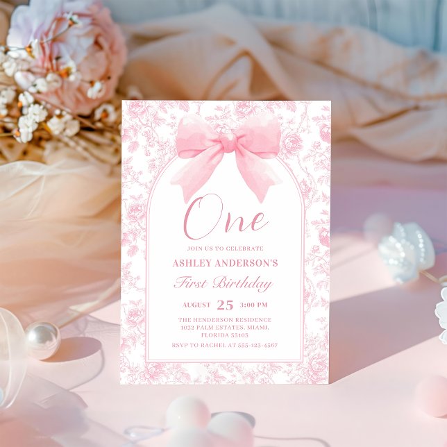 Invitation Toile rose Bow Chinoiserie 1er Anniversaire Invita (Créateur téléchargé)