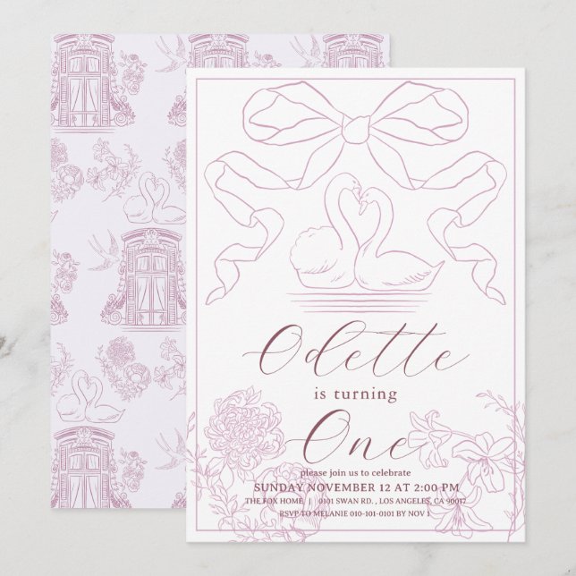 Invitation Toile rose cygne de Jouy Fille 1er anniversaire (Devant / Derrière)