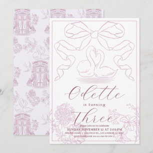 Invitation Toile rose cygne de Jouy Fille Anniversaire