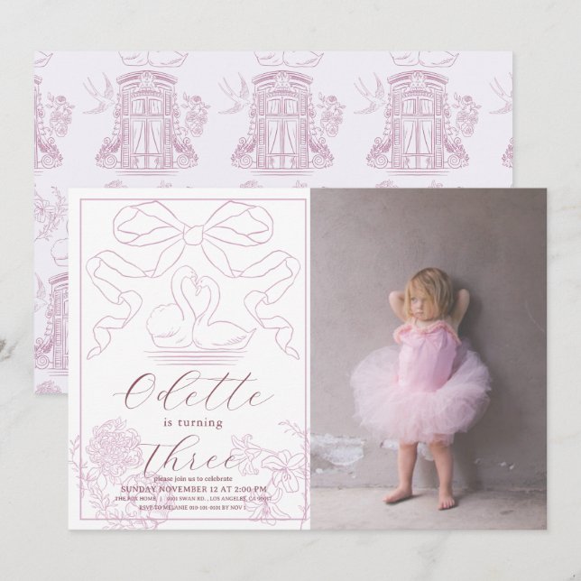 Invitation Toile rose cygne de Jouy Photo fille Anniversaire (Devant / Derrière)