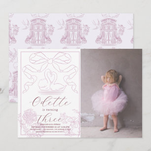Invitation Toile rose cygne de Jouy Photo fille Anniversaire