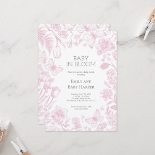 Invitation Toile rose de Jouy Baby en Baby shower de fleurs