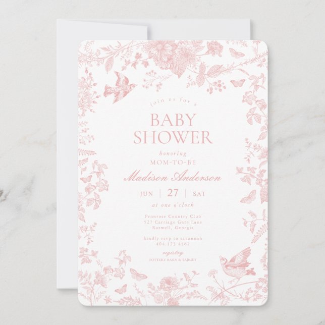 Invitation Toile Rose De Jouy Baby shower Floral Français (Devant)