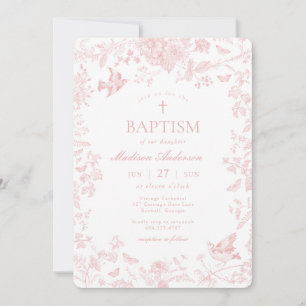 Invitation Toile Rose De Jouy Baptême Floral Français