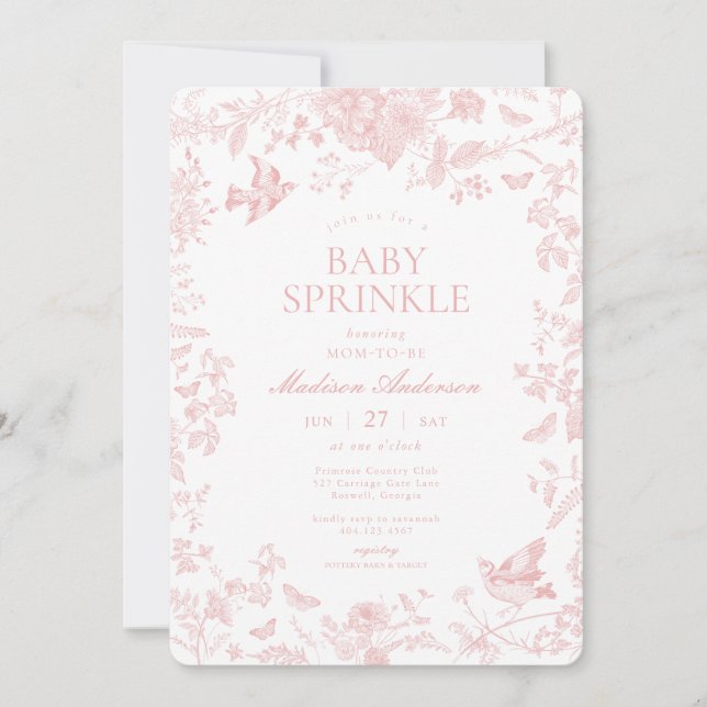 Invitation Toile Rose De Jouy Français Floral Bébé Saupoudrer (Devant)
