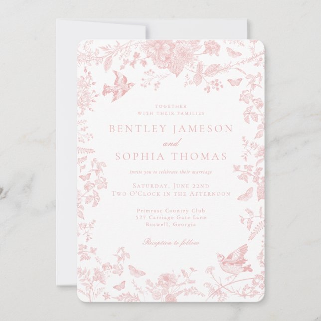Invitation Toile rose De Jouy Mariage Floral français (Devant)