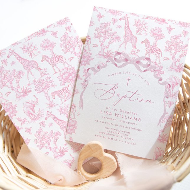Invitation Toile rose fille Baptême Safari Chinoiserie (Créateur téléchargé)