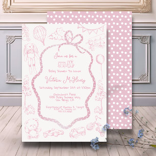Invitation Toile rose moderne de Jouy Baby shower fille