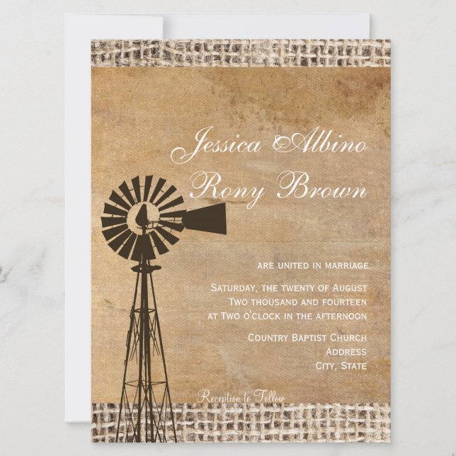 Invitation Toile rustique Burlap Windmill (Devant)