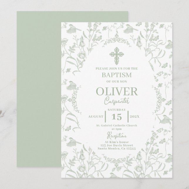 Invitation Toile Sage Baptême (Devant / Derrière)
