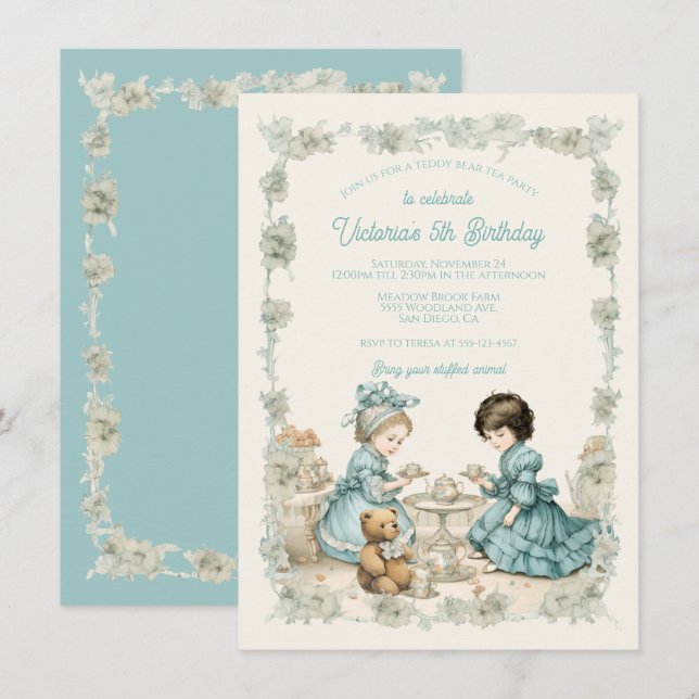 Invitation Toile Teddy Bear Pique-nique Tea Party Anniversair (Devant / Derrière)