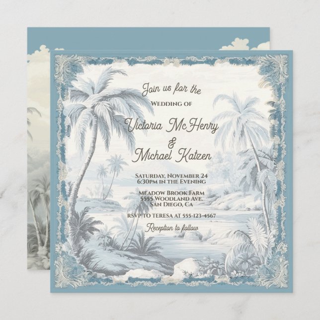 Invitation Toile Tropical Palm Trees Island Mariage (Devant / Derrière)