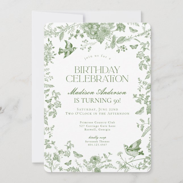 Invitation Toile Verte De Jouy Fête d'Anniversaire Florale (Devant)