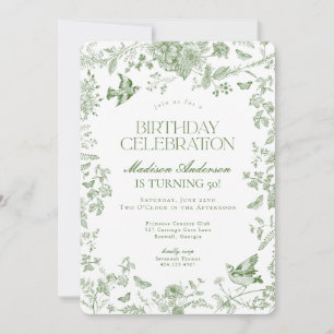 Invitation Toile Verte De Jouy Fête d'Anniversaire Florale