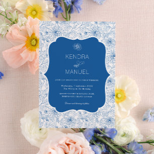 Invitation Toile vintage Florale Mariage bleu français