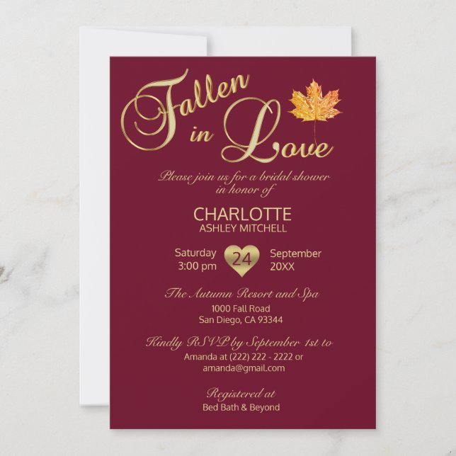 Invitation Tombé dans la Fête de la mariée de rouge de (Devant)