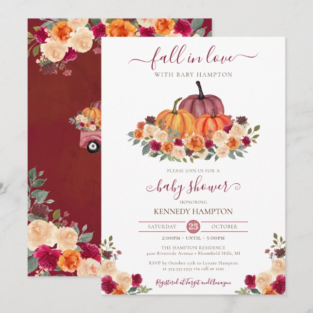 Invitation Tombe en amour Automne Floral Citrouille Baby show (Devant / Derrière)