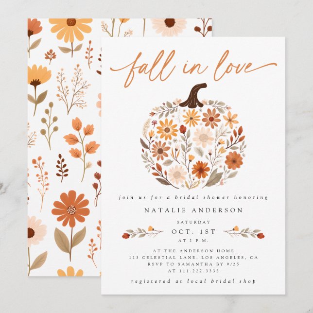 Invitation Tombe en amour Citrouille de fleurs Fête des marié (Devant / Derrière)