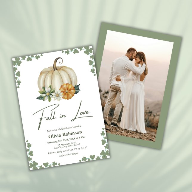 Invitation Tombe en amour Fête des mariées photo Citrouille (Fall in Love Greenery Pumpkin Photo Bridal Shower Invitation  )