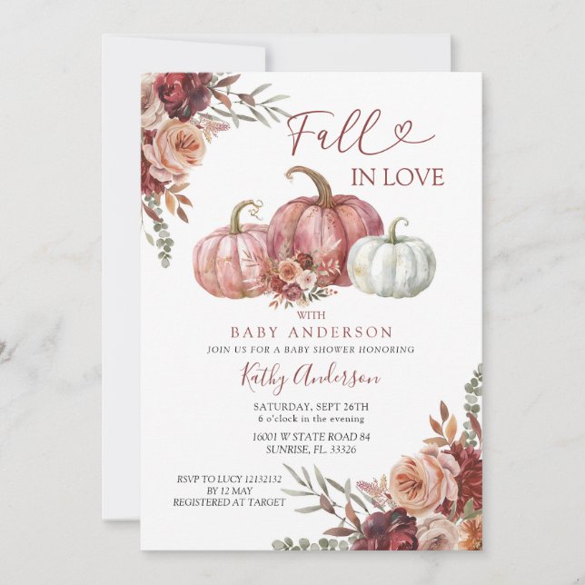 Invitation Tombe en amour Floral Citrouille Baby shower Party (Devant)