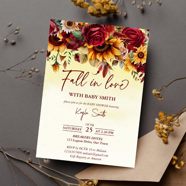 Invitation Tomber amoureux des tournesols rose baby showers (Fall in love baby shower template invitation instant download burgundy roses sunflowers yellow ombre)