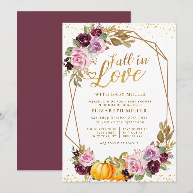 Invitation tomber amoureux d'un baby shower fleuri violet (Devant / Derrière)