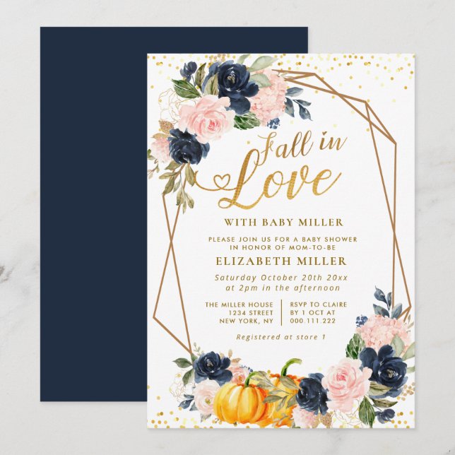 Invitation tomber amoureux marine et baby shower floral roux (Devant / Derrière)