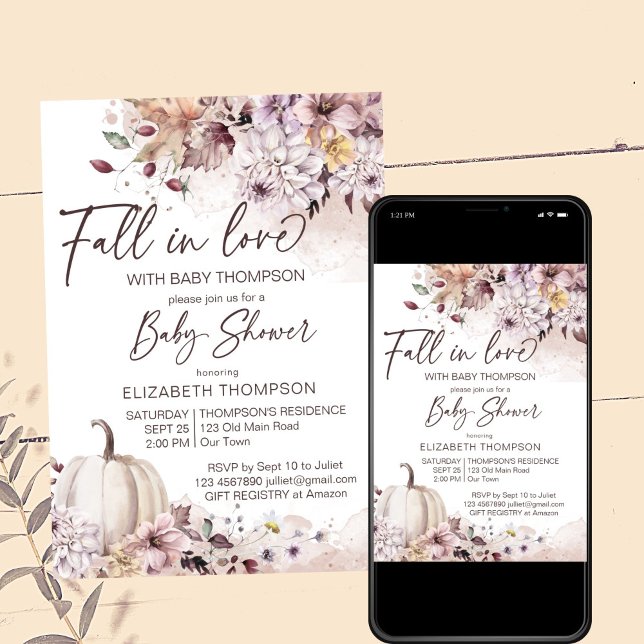 Invitation Tomber amoureux pastel boho baby shower citrouille (Fall in love boho pastel pumpkin baby shower editable template invitation digital download watercolo)