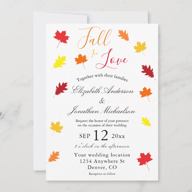 Invitation Tomber dans l'amour Automne Feuilles Mariage (Devant)