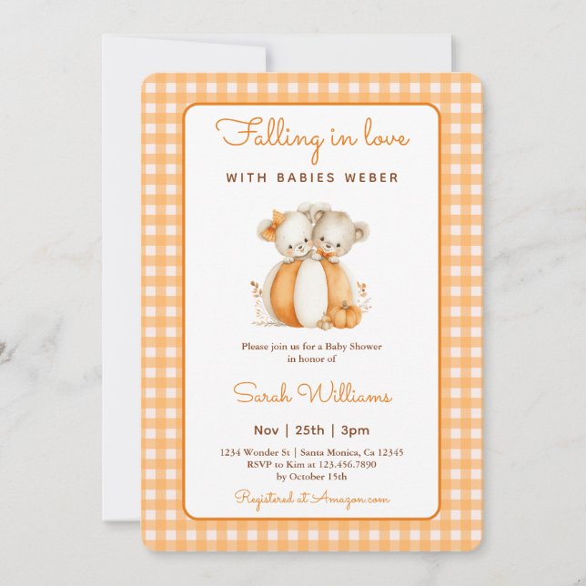 Invitation Tomber dans l'amour Baby shower Citrouille Twins (Devant)