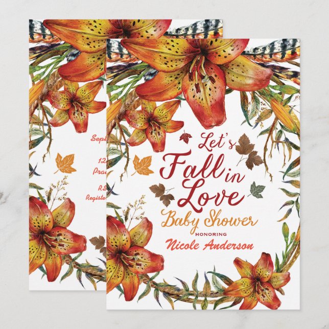 Invitation TOMBER DANS L'AMOUR Floral Orange Lilies Baby show (Devant / Derrière)