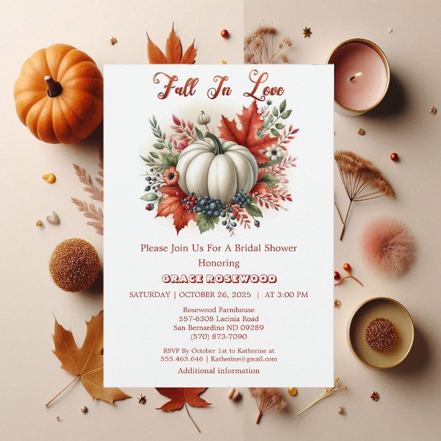 Invitation Tomber dans l'amour Pays Citrouille Fête des marié (Fall In Love White Pumpkin Botanical Boho Rustic Invitation)