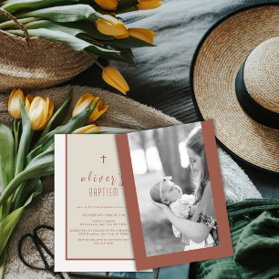 Invitation Tone Terre Croix moderne Christening Photo Baptême