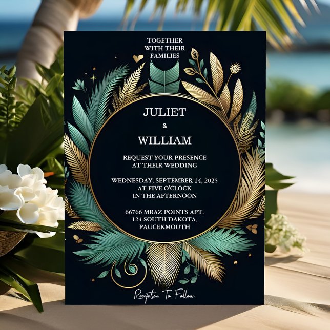 Invitation Tone Wreath Palm Tree Beach Vert Et Or Mariage (Créateur téléchargé)