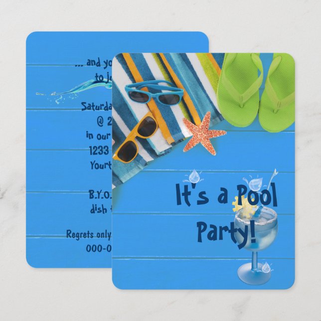 Invitation tongs avec serviette Pool Party (Devant / Derrière)