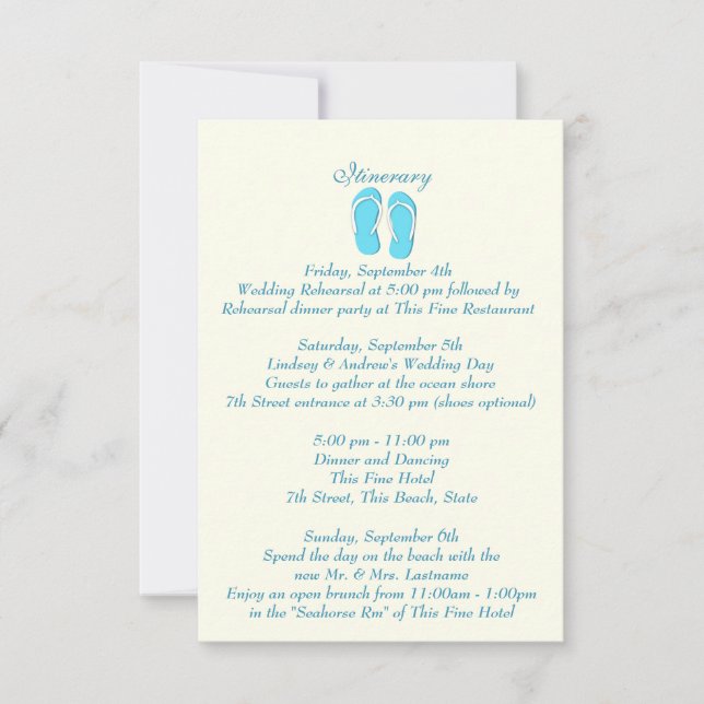 Invitation Tongs de plage amusantes bleu mariage Itinerary (Devant)